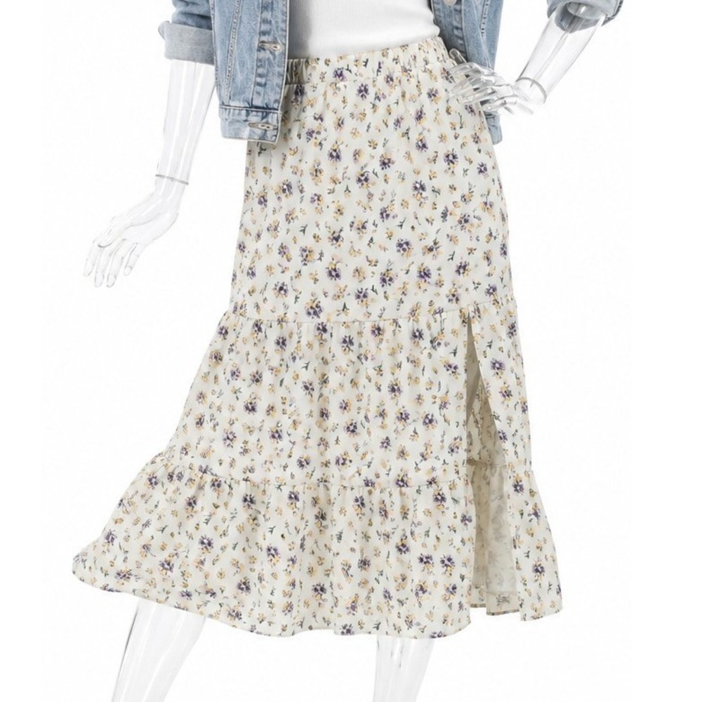 H&M Divided Floral Tiered Midi Skirt White Purple Yellow SKUW768